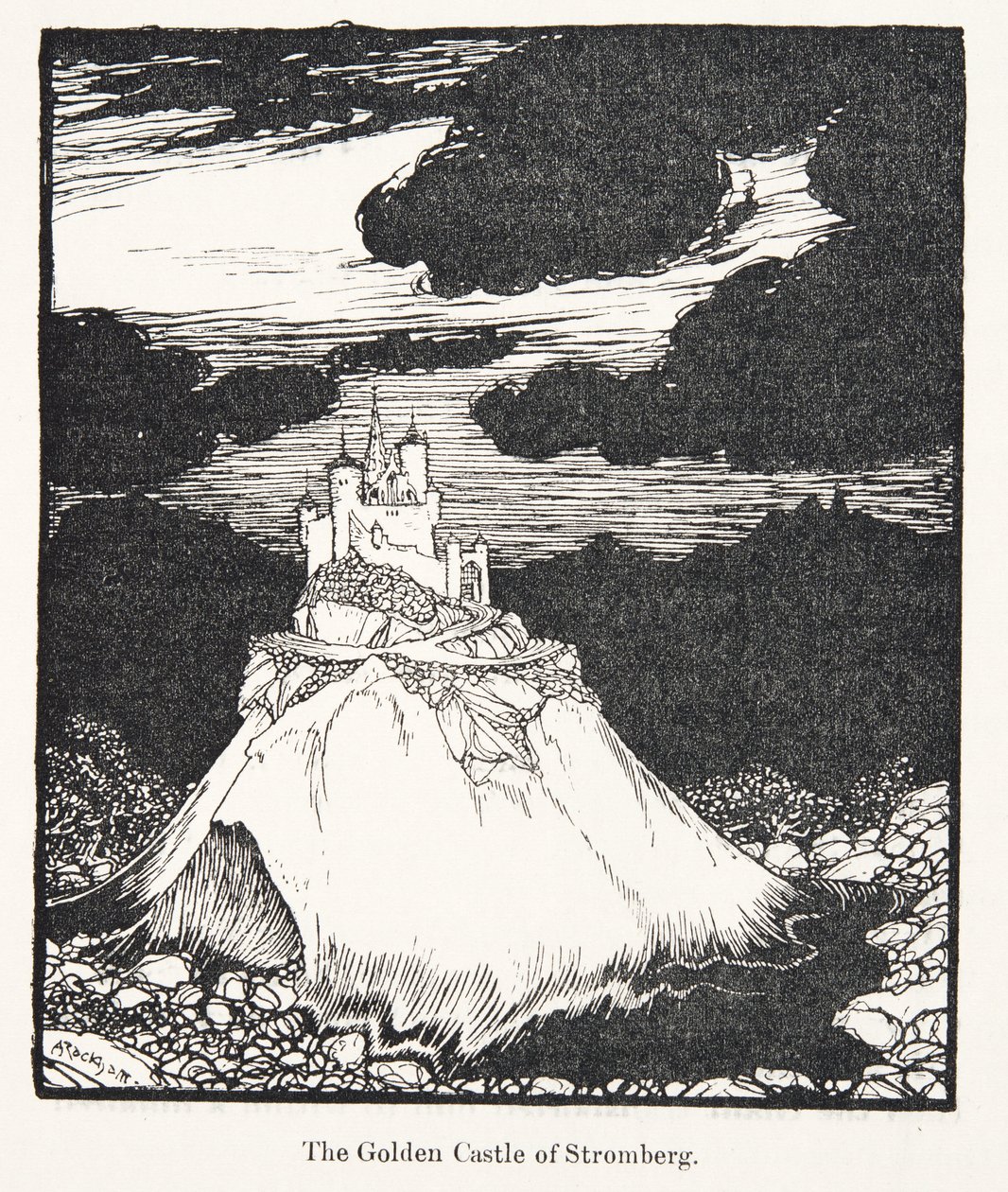 Złoty Zamek Stromberg, z Bajek braci Grimm, wyd. 1909 autorstwa Arthur Rackham