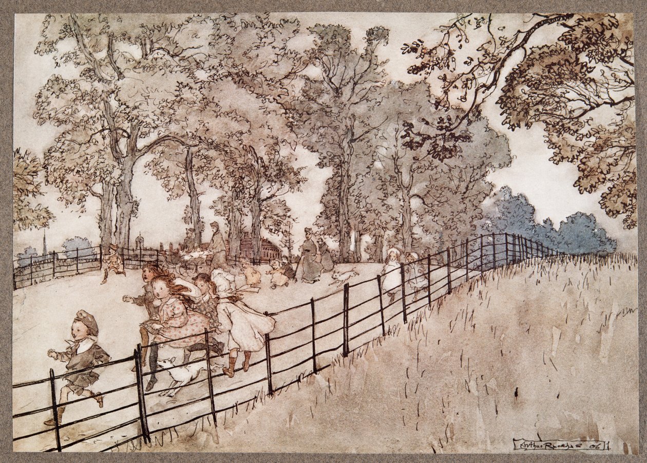 The Hump, który jest częścią Broad Walk, gdzie odbywają się wszystkie wielkie wyścigi, od Piotrusia Pana w Kensington Gardens przez JM Barrie (1860 - 1937), wyd. 1906 autorstwa Arthur Rackham
