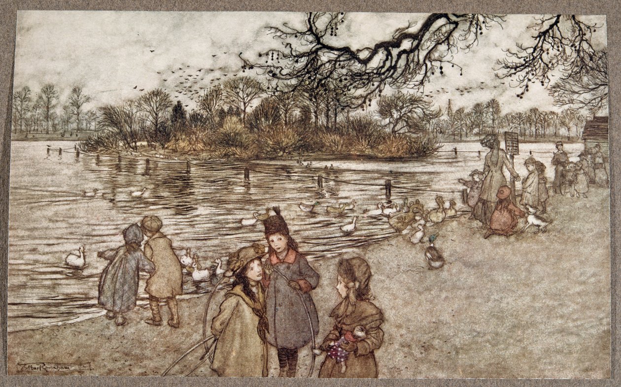 Wyspa, na której rodzą się wszystkie ptaki, które stały się chłopcami i dziewczynkami, z Piotrusia Pana w Ogrodach Kensington J M Barrie (1860 - 1937), wyd. 1906 autorstwa Arthur Rackham