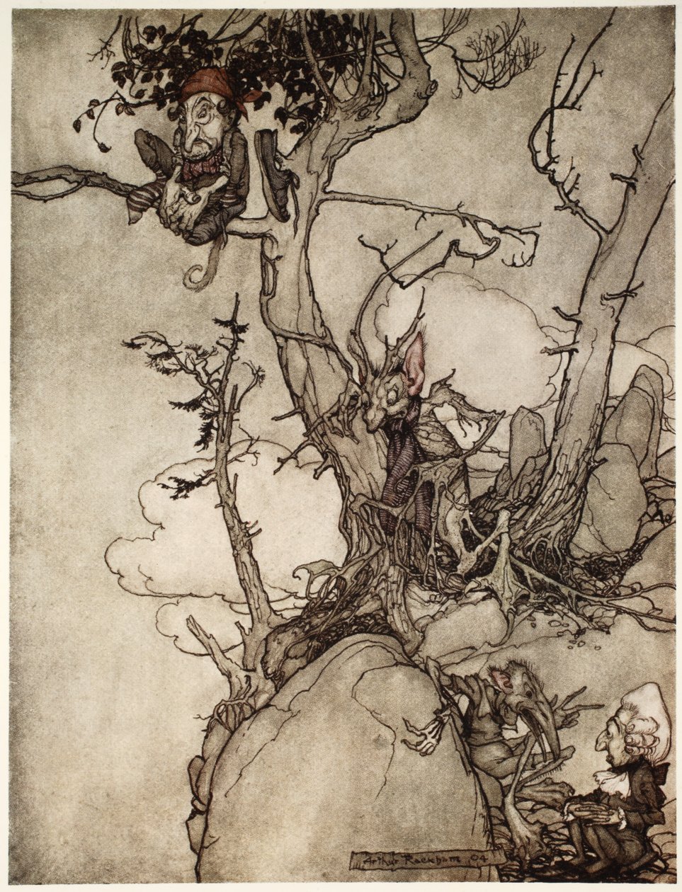 Góry Kaatsberg czy Catskill zawsze były regionem pełnym baśni, od Rip Van Winkle po Washington Irving, pub. 1910 autorstwa Arthur Rackham
