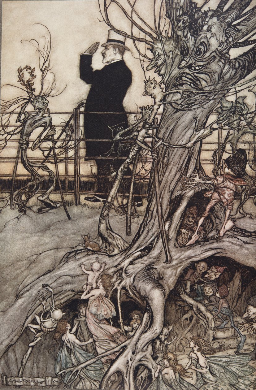 Kensington Gardens znajdują się w Londynie, gdzie mieszka król ..", od Piotruś Pan w Kensington Gardens autorstwa JM Barrie (1860 - 1937), wyd. 1906 (kolor lito) autorstwa Arthur Rackham