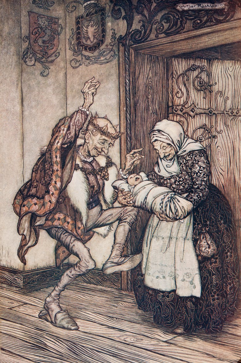 Król nie mógł się powstrzymać z radości?., z Bajek braci Grimm, wyd. 1909 autorstwa Arthur Rackham