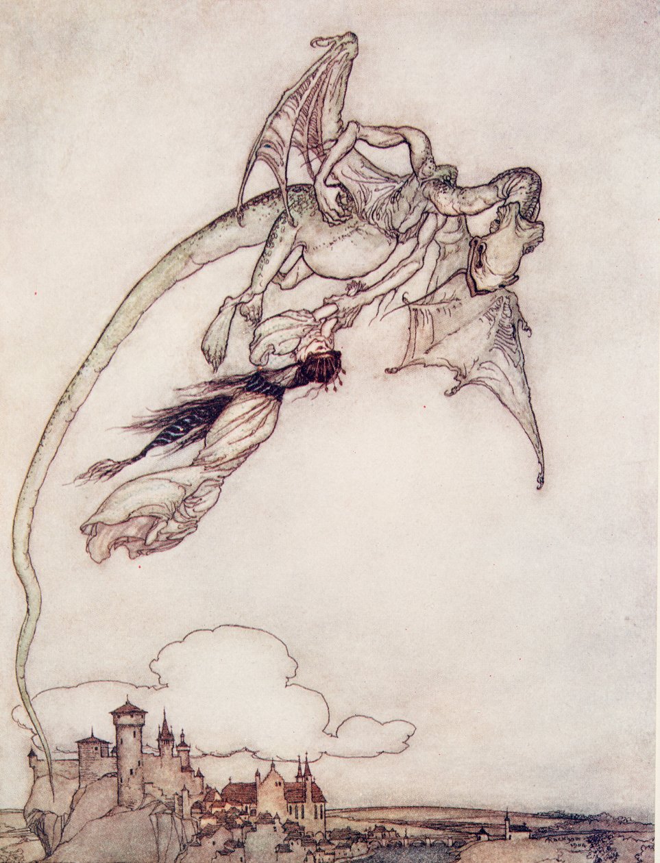 Jedyna córka Kingów została porwana przez Smoka z pubu The Fairy Tales of the Brothers Grimm. 1909 autorstwa Arthur Rackham