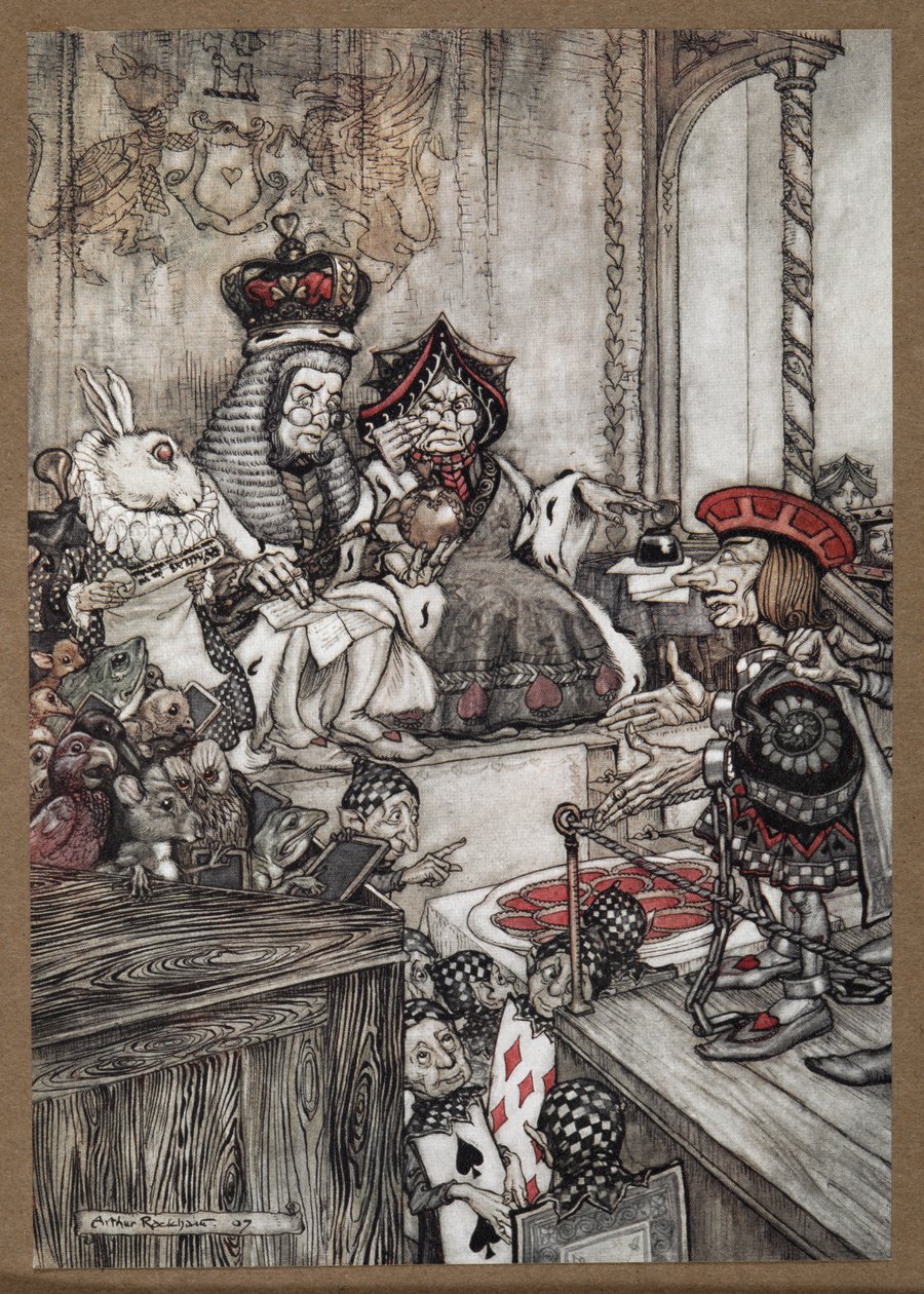 Łotr Kier w doku przed Królową i Królem Kier oskarżonymi o kradzież tart autorstwa Arthur Rackham