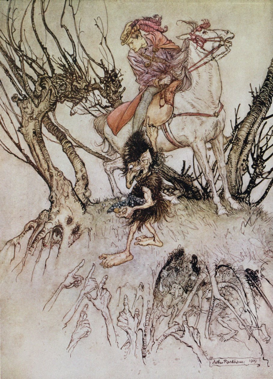 Rycerz Hulbrand z gnomem, ilustracja do bajki „Undine” barona de la Motte Fouque, 1909 autorstwa Arthur Rackham