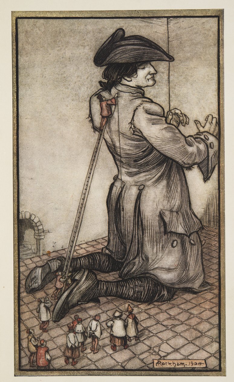 Liliputowie krawcy mierzą Guliwera na nowy strój, z Gullivers Travels by Jonathon Swift (1667 - 1745), wyd. 1909 autorstwa Arthur Rackham