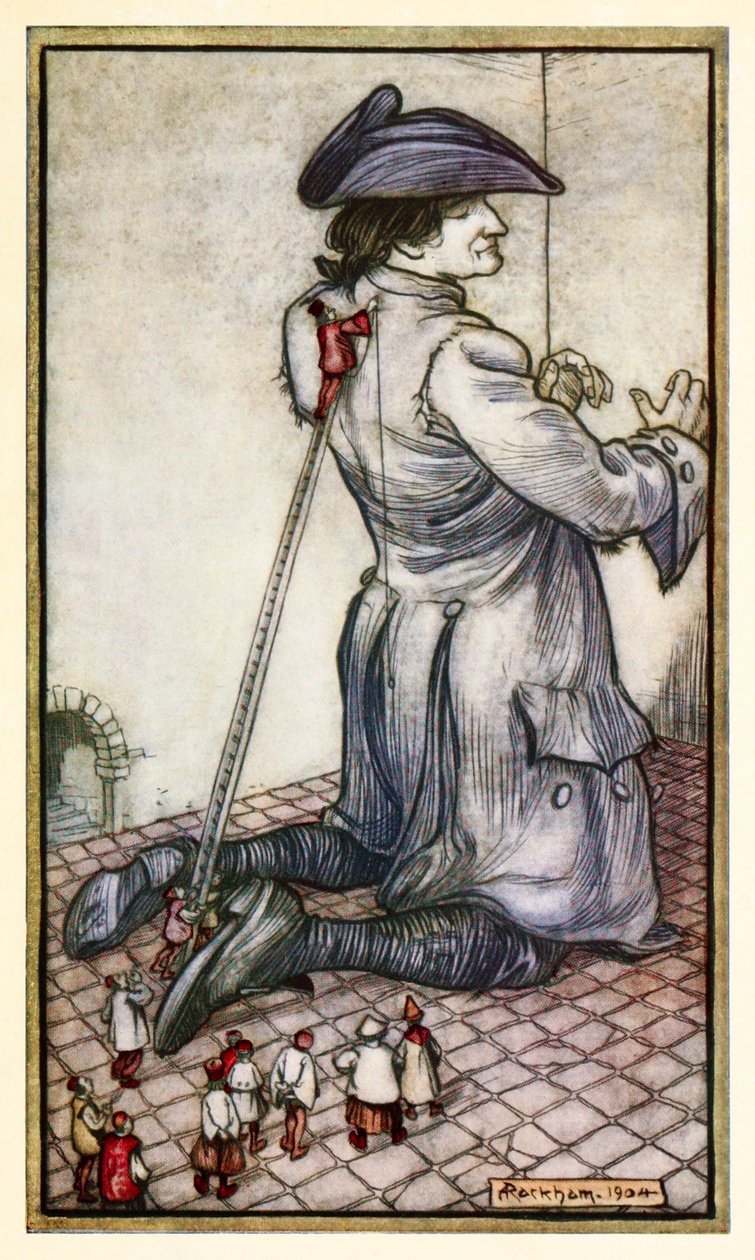 Krawcy z Liliputu mierzą Guliwera na nowy strój z części I: Podróż do Liliputu w Podróżach Guliwera Jonathana Swifta. autorstwa Arthur Rackham
