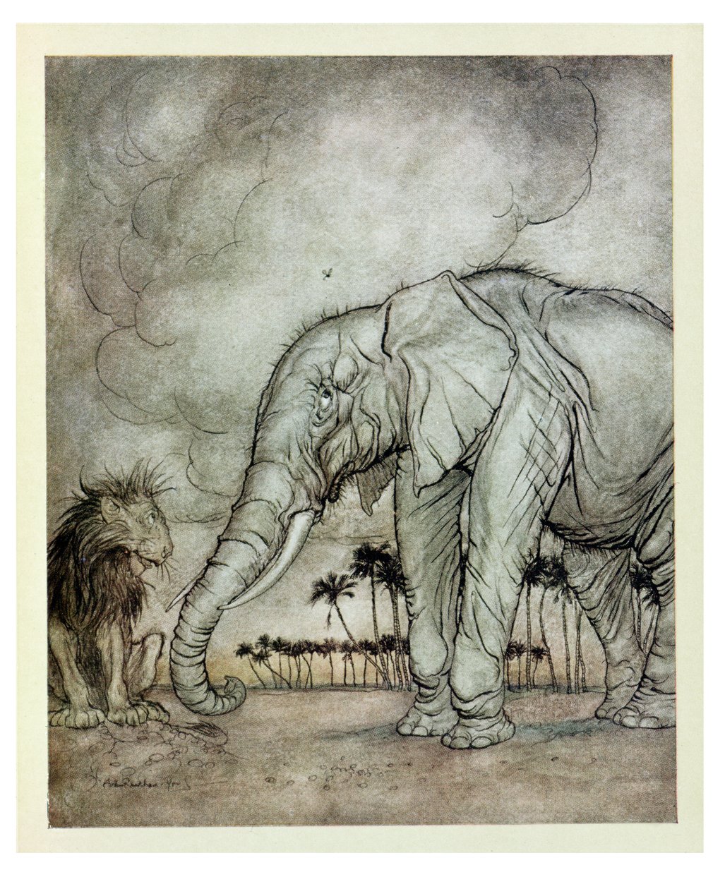 Lew, Jowisz i słoń, ilustracja z „Bajek Ezopa”, wydanej przez Heinemanna, 1912 autorstwa Arthur Rackham