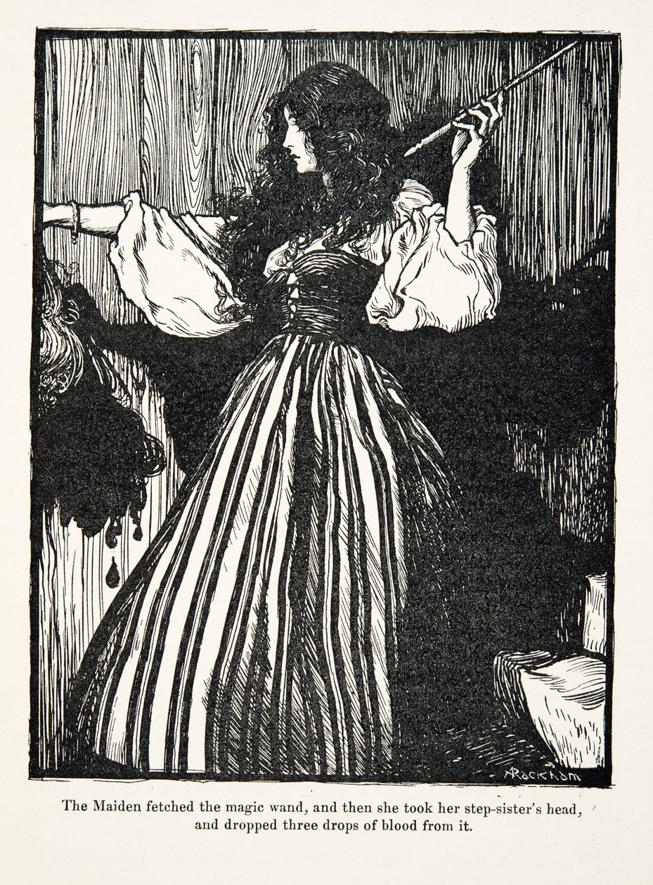 Dziewica wzięła magiczną różdżkę, a potem uniosła głowę przyrodniej siostry i upuściła trzy krople krwi z pubu The Fairy Tales of the Brothers Grimm. 1909 autorstwa Arthur Rackham