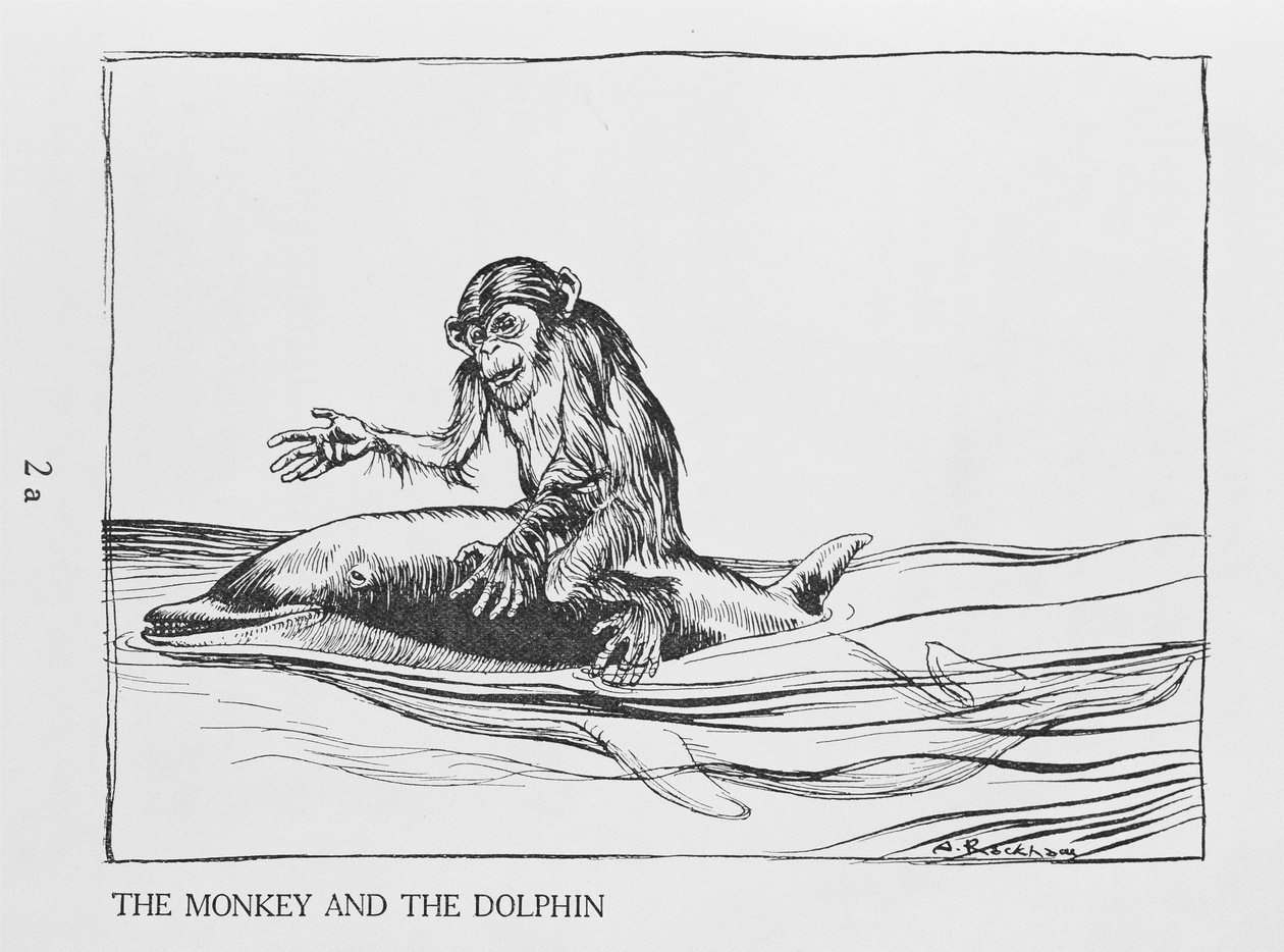 Małpa i delfin, ilustracja z Bajek Ezopa, wydanej przez Heinemanna, 1912 autorstwa Arthur Rackham