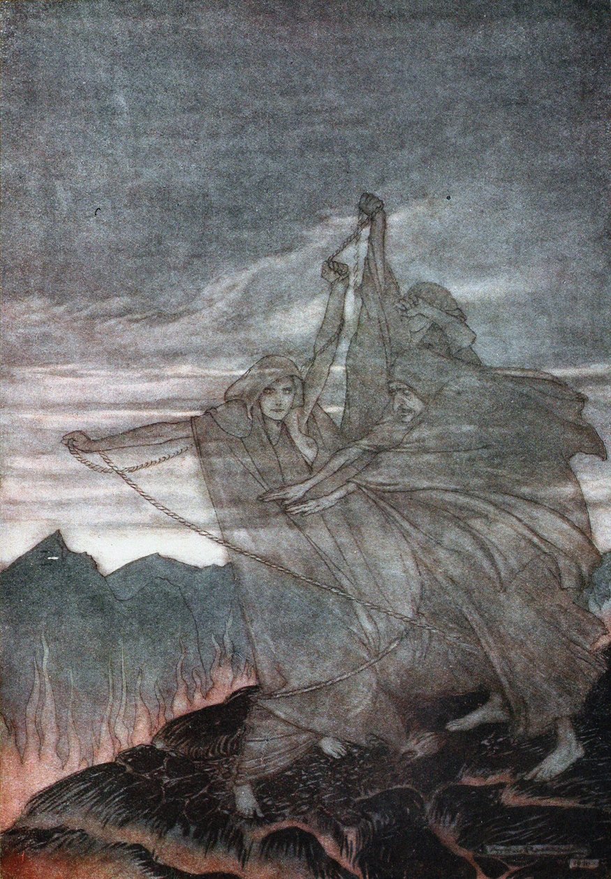 Norny znikają. Ilustracja do Zygfryda i Zmierzchu bogów autorstwa Richarda Wagnera, 1910 autorstwa Arthur Rackham
