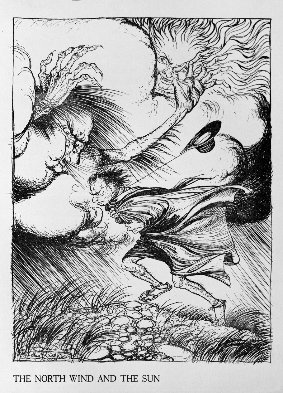 The North Wind and the Sun, ilustracja z „Bajek Ezopa”, wydanej przez Heinemanna, 1912 autorstwa Arthur Rackham