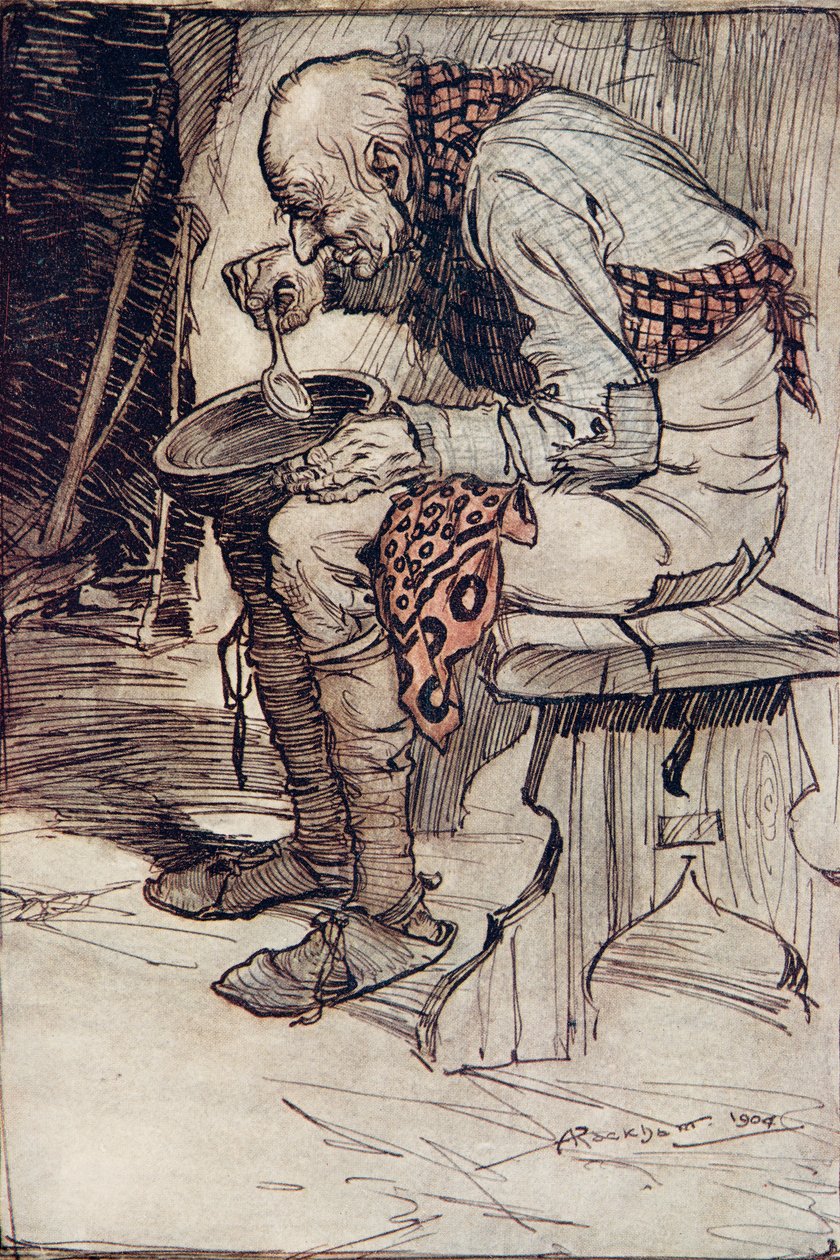 Staruszek musiał siedzieć sam i jadł jedzenie z drewnianej miski ... z The Fairy Tales of the Brothers Grimm, pub. 1909 autorstwa Arthur Rackham