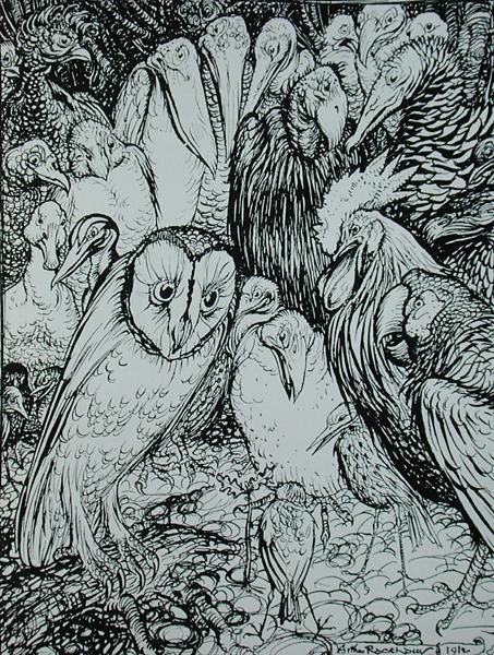 Sowa i ptaki, ilustracja z „Bajek Ezopa”, wydanej przez Heinemann autorstwa Arthur Rackham