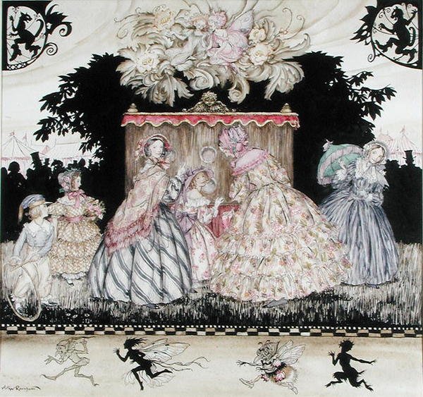 The Peep Show, ilustracja na okładkę „Kostiumy przez wieki”, Maggs Brothers autorstwa Arthur Rackham