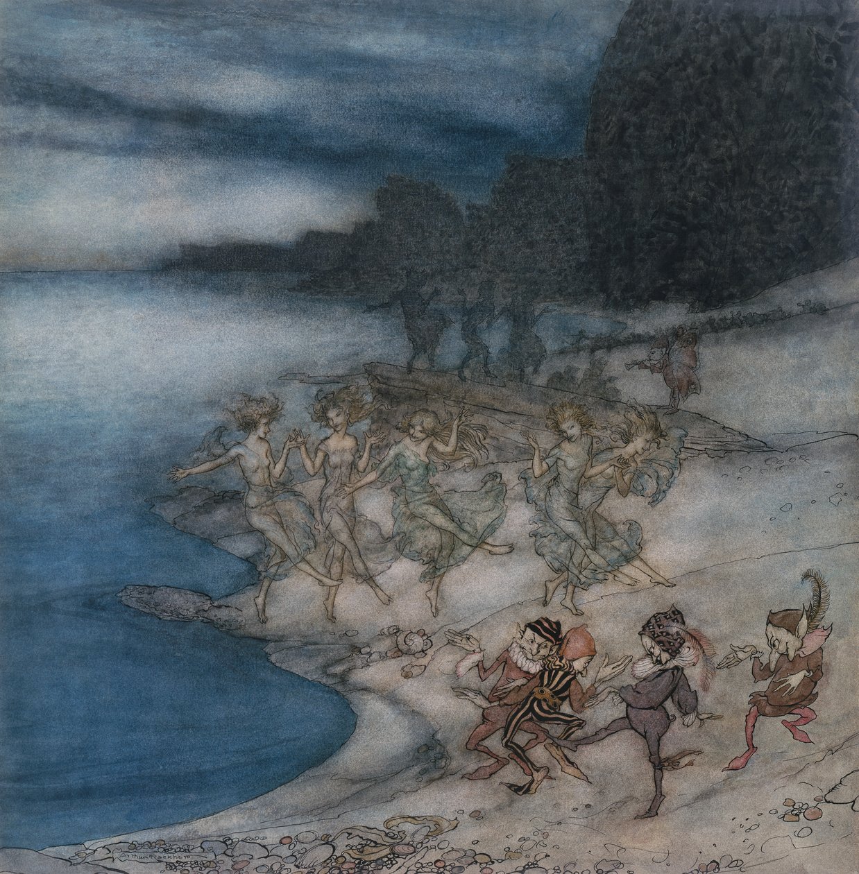 Wróżki Pert i Wytworne Elfy (akwarela, długopis i czarny tusz) autorstwa Arthur Rackham
