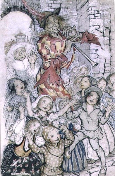 The Pied Piper of Hamelin, ilustracja do wiersza Roberta Browninga (1812-89) wyd. 1934 (pióro i tusz, akwarela na papierze) autorstwa Arthur Rackham
