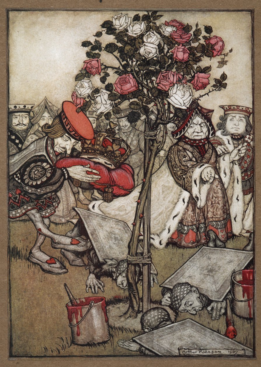 Królowa, Król i Walet Kier mijają mężczyzn przebranych za karty malujących krzew róży na czerwono autorstwa Arthur Rackham