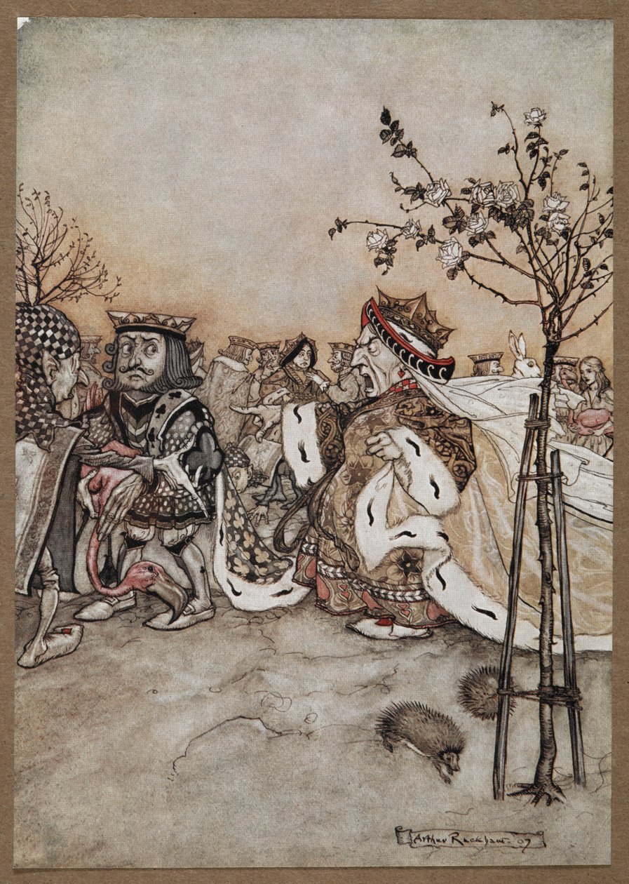 Królowa Kier krzyczy ze złością po grze w krokieta autorstwa Arthur Rackham