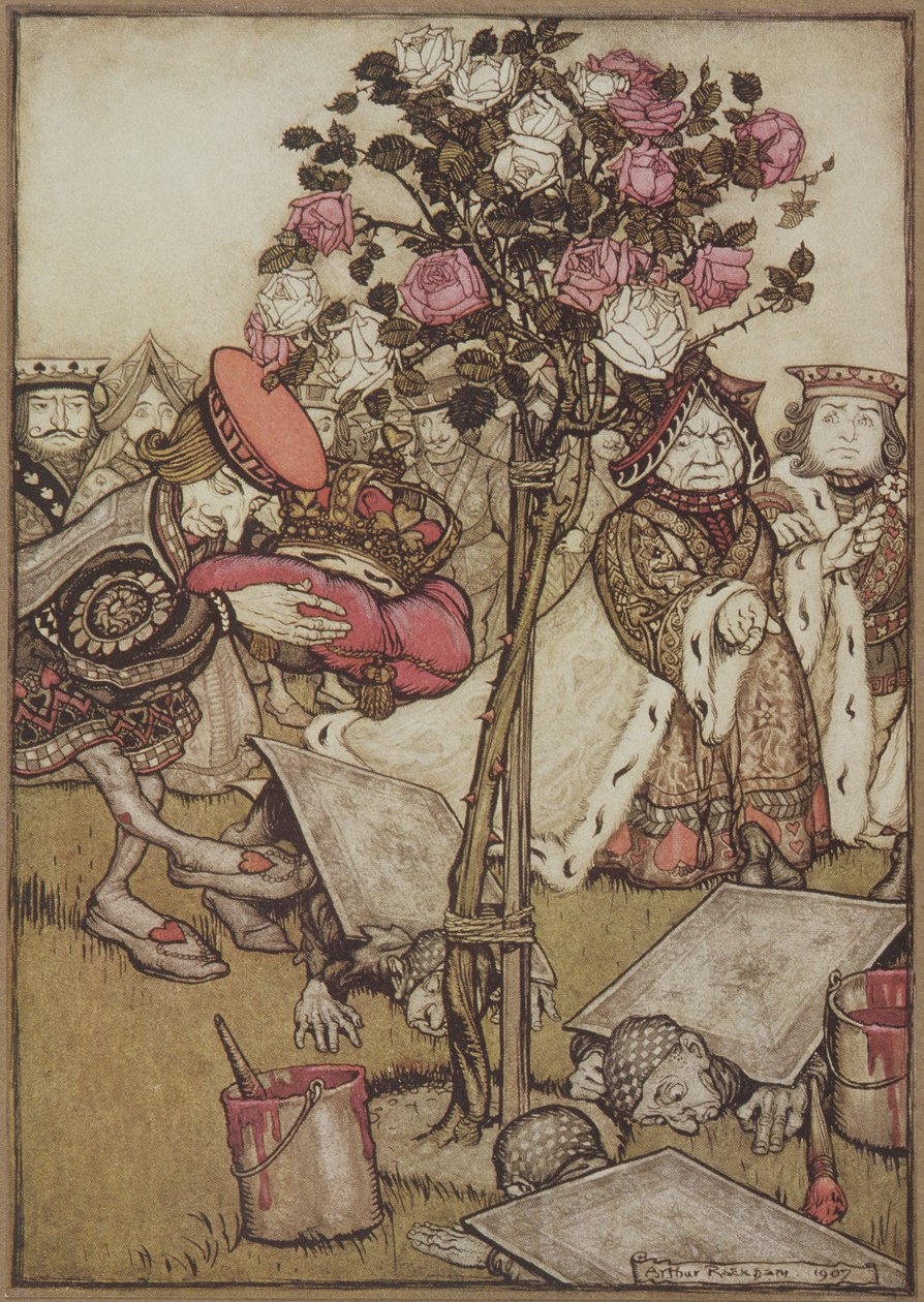 Królowa odwróciła się ze złością od niego i powiedziała Waletowi: „Przewróć ich” z „Alicji w Krainie Czarów” Lewisa Carrolla, pub. 1907 (kolor lito) autorstwa Arthur Rackham