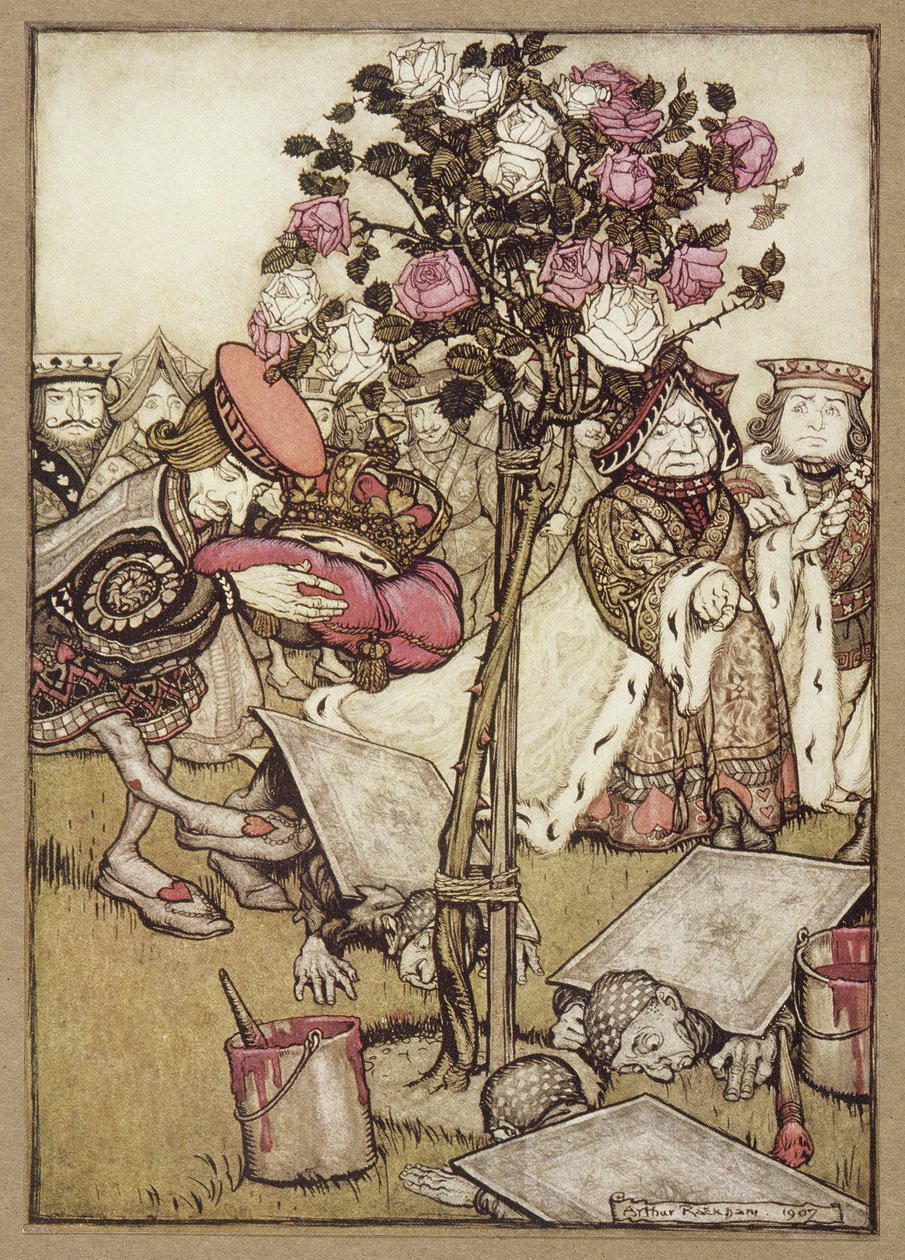 Królowa odwróciła się ze złością od niego i powiedziała Waletowi: „Przewróć ich” z „Alicji w Krainie Czarów” Lewisa Carrolla, pub. 1907 (kolor lito) autorstwa Arthur Rackham