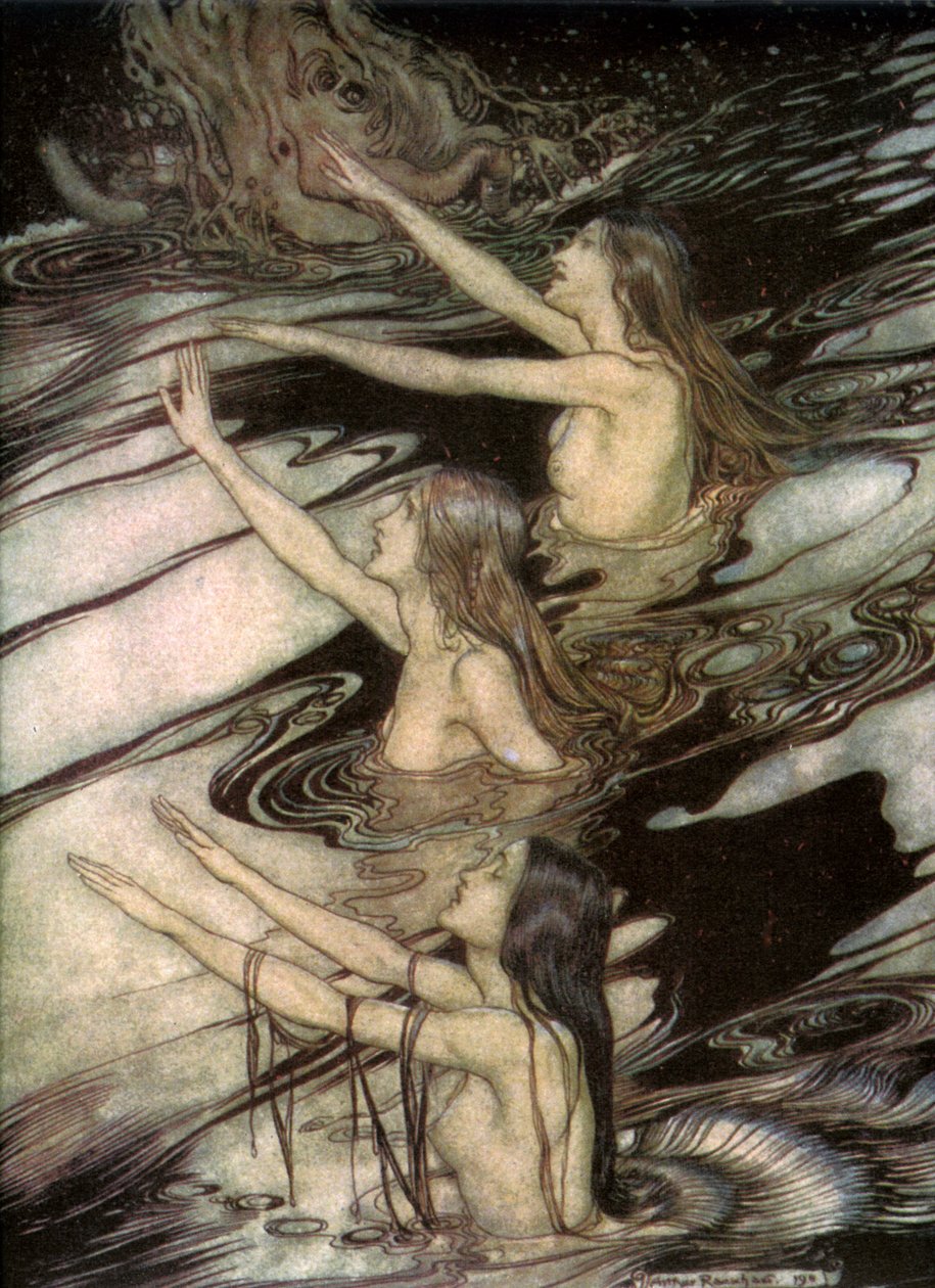 Panny nadreńskie, z Zygfryda i Zmierzch bogów Richarda Wagnera, 1911. autorstwa Arthur Rackham