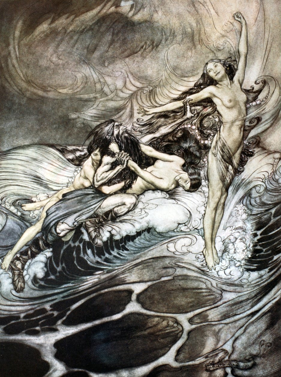 „Dziewczyny nadreńskie zdobywają pierścień i triumfalnie go znoszą”, 1924. autorstwa Arthur Rackham