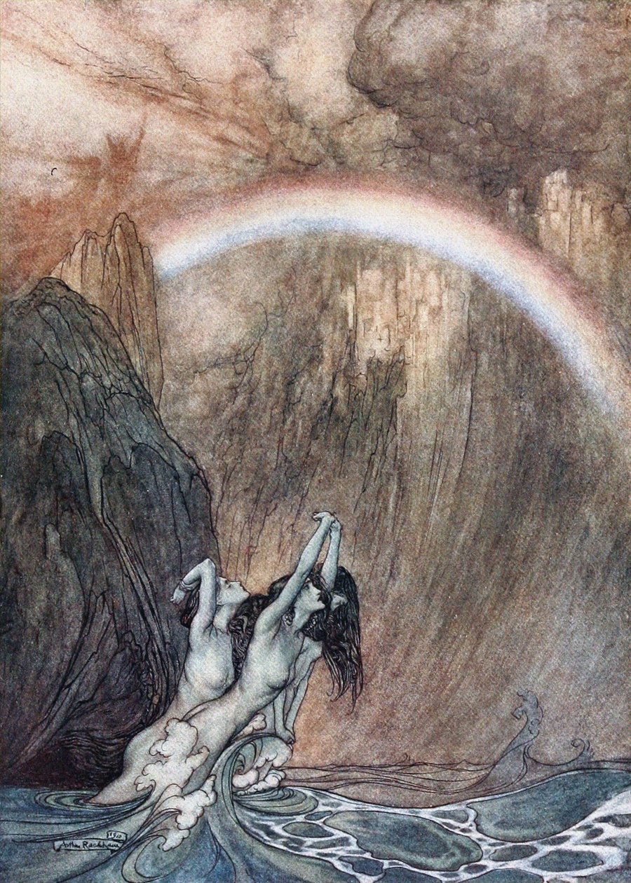 Nadreńskie Panny opłakują utracone złoto. Ilustracja do Złota Renu i Walkirii autorstwa Richarda autorstwa Arthur Rackham