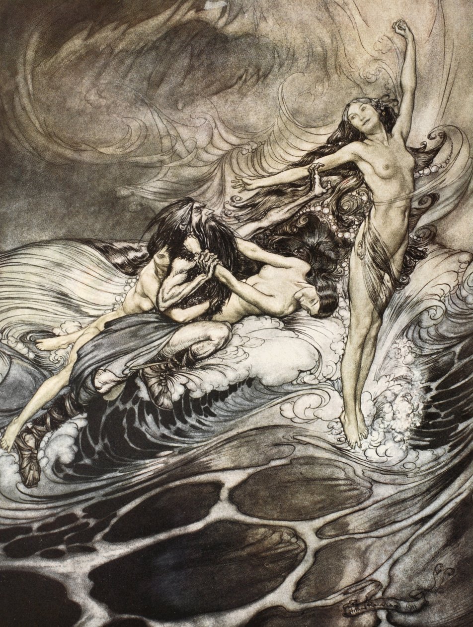 Nadreńskie Panny zdobywają pierścień i triumfalnie go znoszą, ilustracja z „Zygfryda i zmierzchu bogów” autorstwa Arthur Rackham