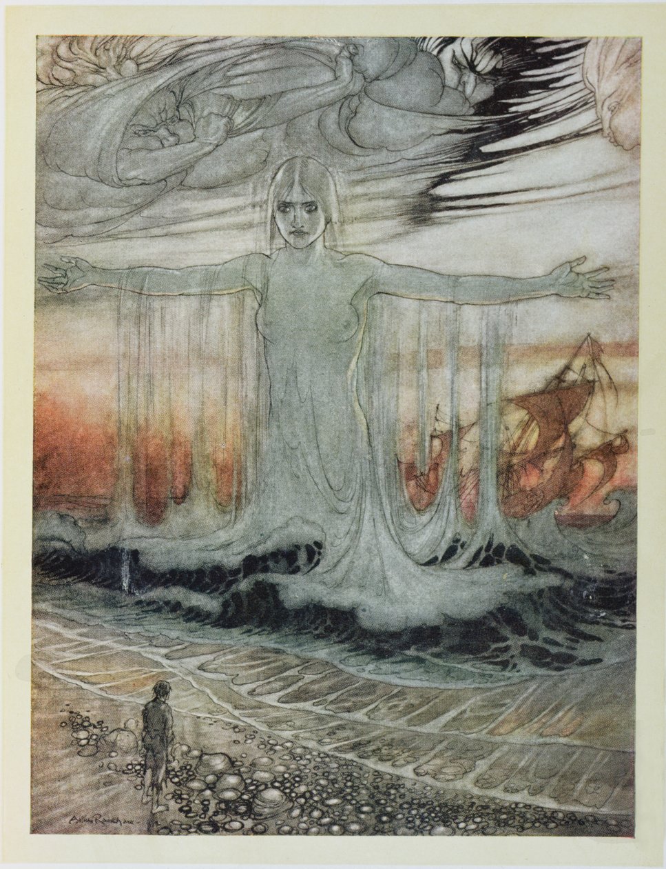 The Shipwrecked Man and the Sea, ilustracja z „Bajek Ezopa”, wydanej przez Heinemanna, 1912 autorstwa Arthur Rackham