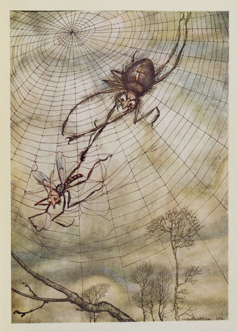 Pająk i mucha, ilustracja z „Bajek Ezopa”, wyd. Heinemann, 1912 autorstwa Arthur Rackham