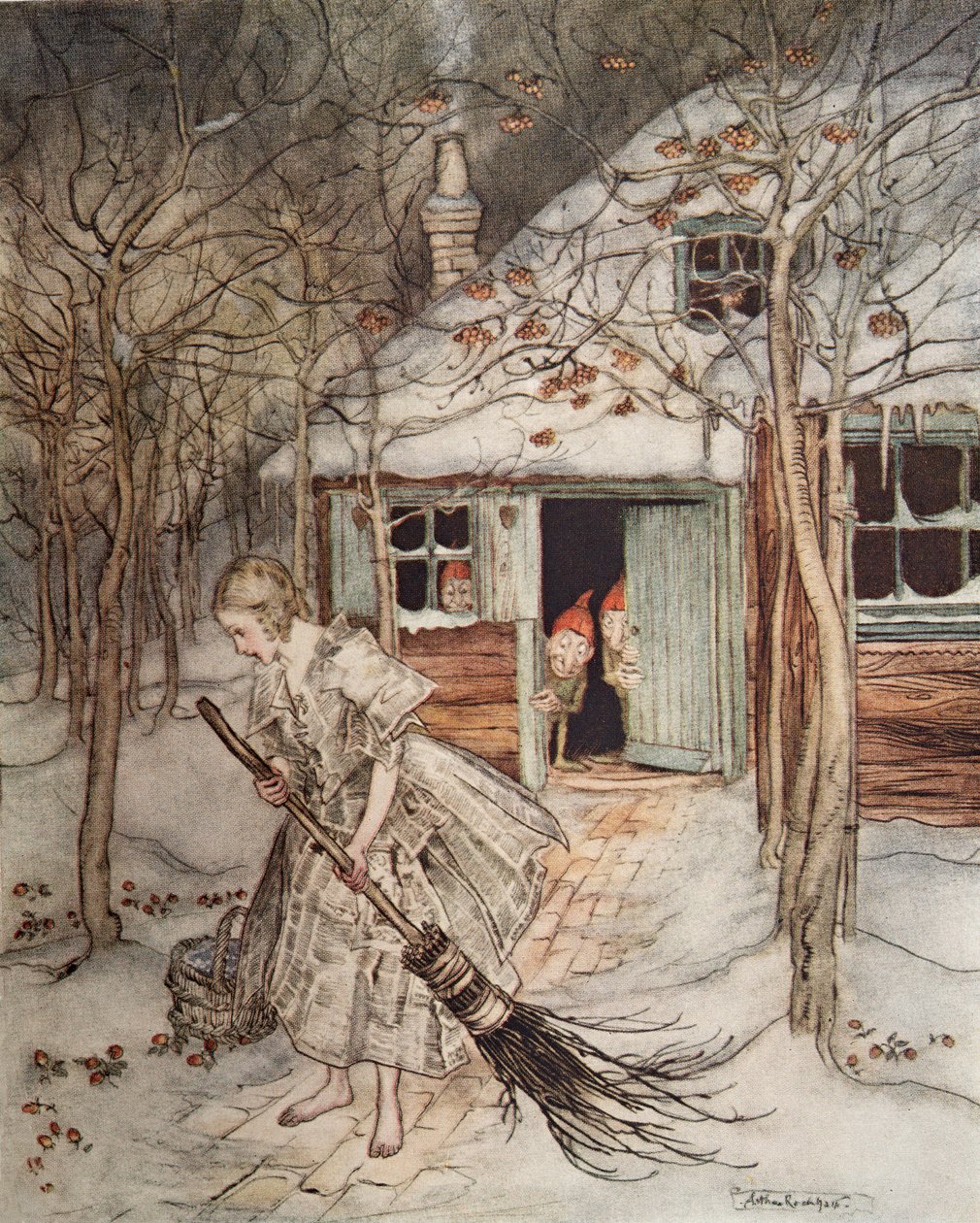 The Three Little Men in the Wood, z Little Brother & Little Sister i innych opowieści braci Grimm, wyd. 1917 autorstwa Arthur Rackham