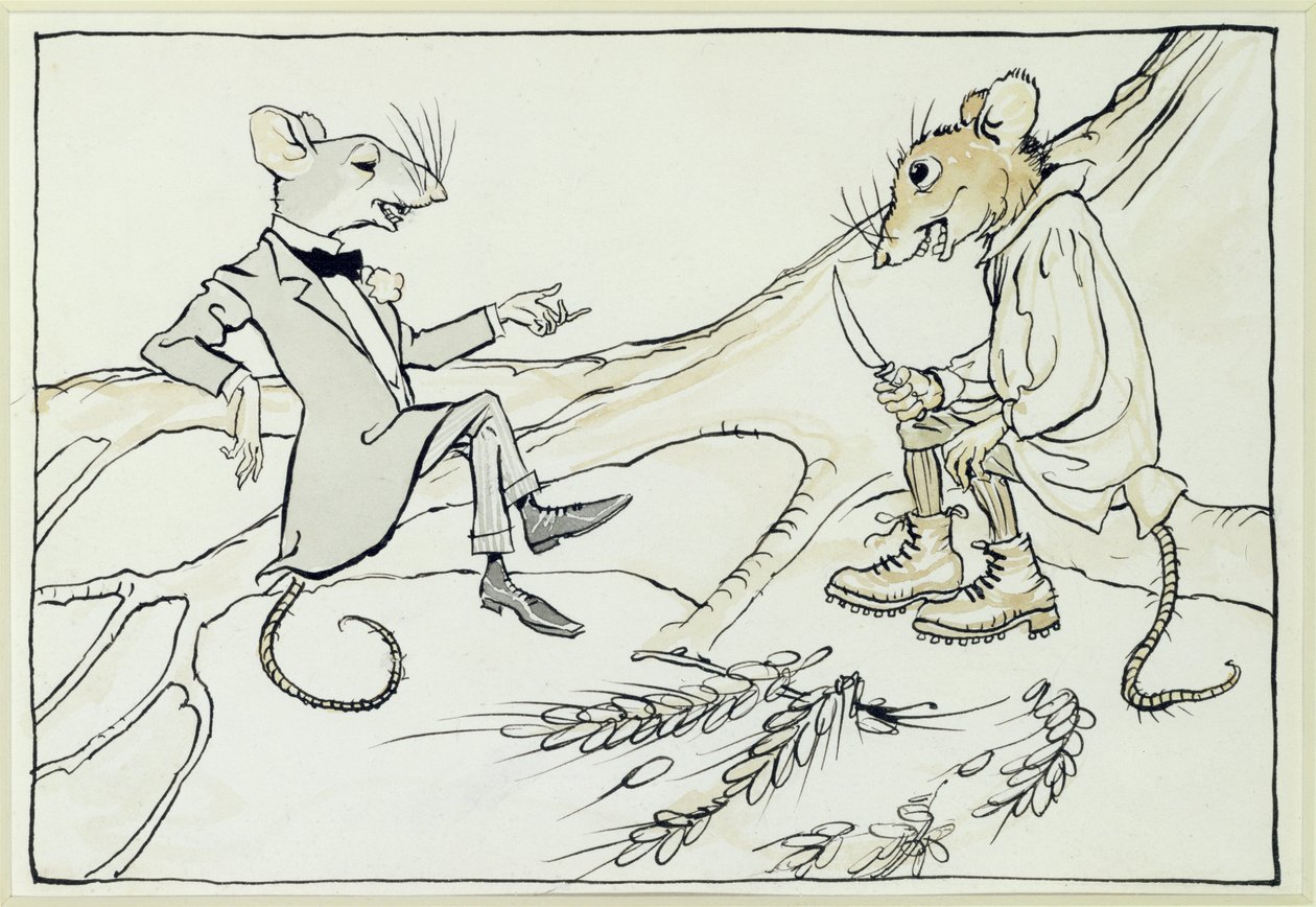 Mysz miejska i mysz wiejska, ilustracja z Bajek Ezopów, opublikowana 1912 (pióro i atrament z wc na papierze) autorstwa Arthur Rackham