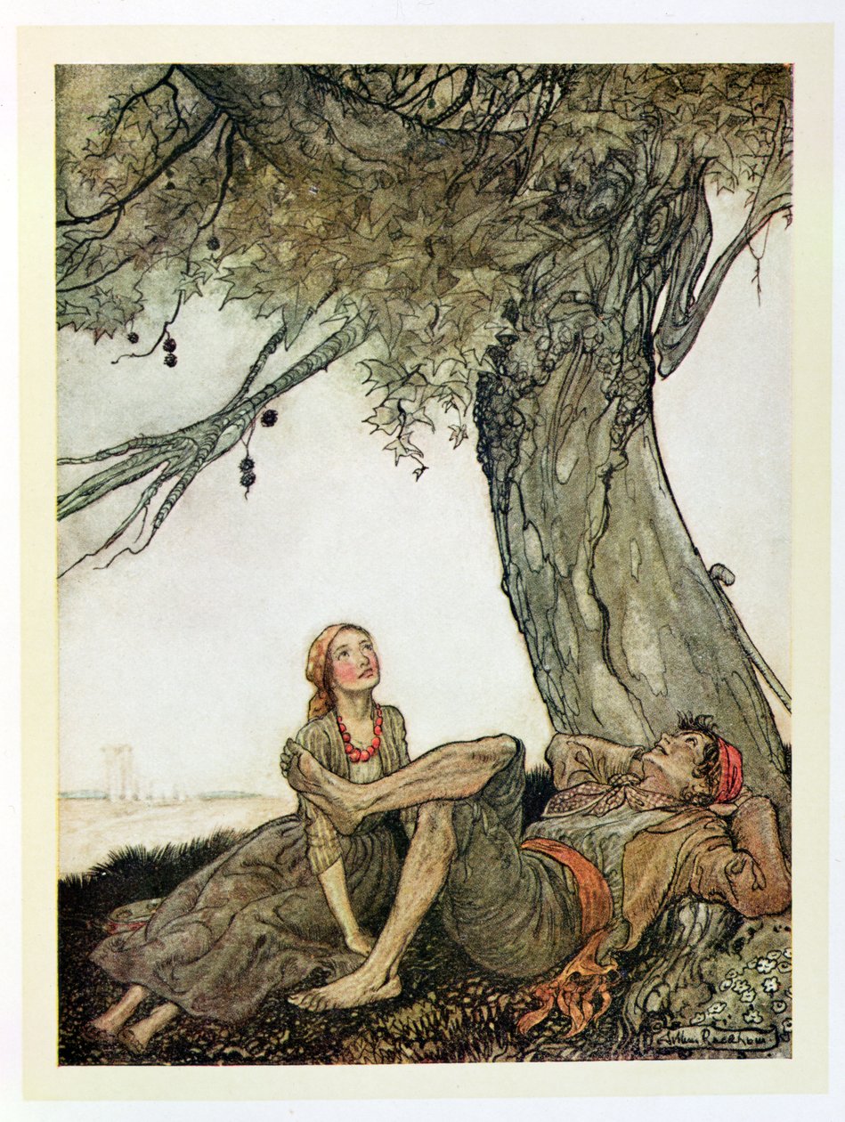 Podróżnicy i platan, ilustracja z „Bajek Ezopa”, wydanej przez Heinemanna, 1912 autorstwa Arthur Rackham