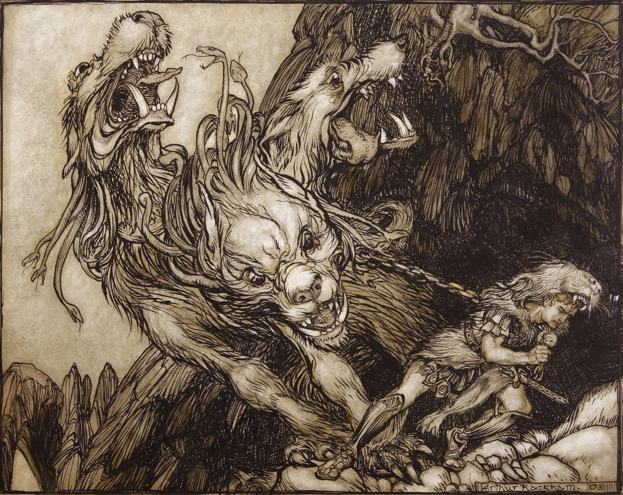 Dwunasta praca Herkulesa, ilustracja z The Greek Heroes autorstwa B.G. Niebuhr, 1903 (pióro i atrament i toaleta na papierze) autorstwa Arthur Rackham