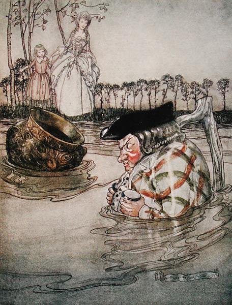Dwa garnki, ilustracja z „Bajek Ezopa”, wydanej przez Heinemann autorstwa Arthur Rackham