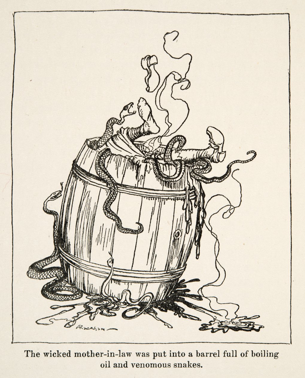 Zła teściowa została umieszczona w beczce pełnej wrzącego oleju i jadowitych węży, z Little Brother & Little Sister and Other Tales by Brothers Grimm, pub.1917 (lito) autorstwa Arthur Rackham