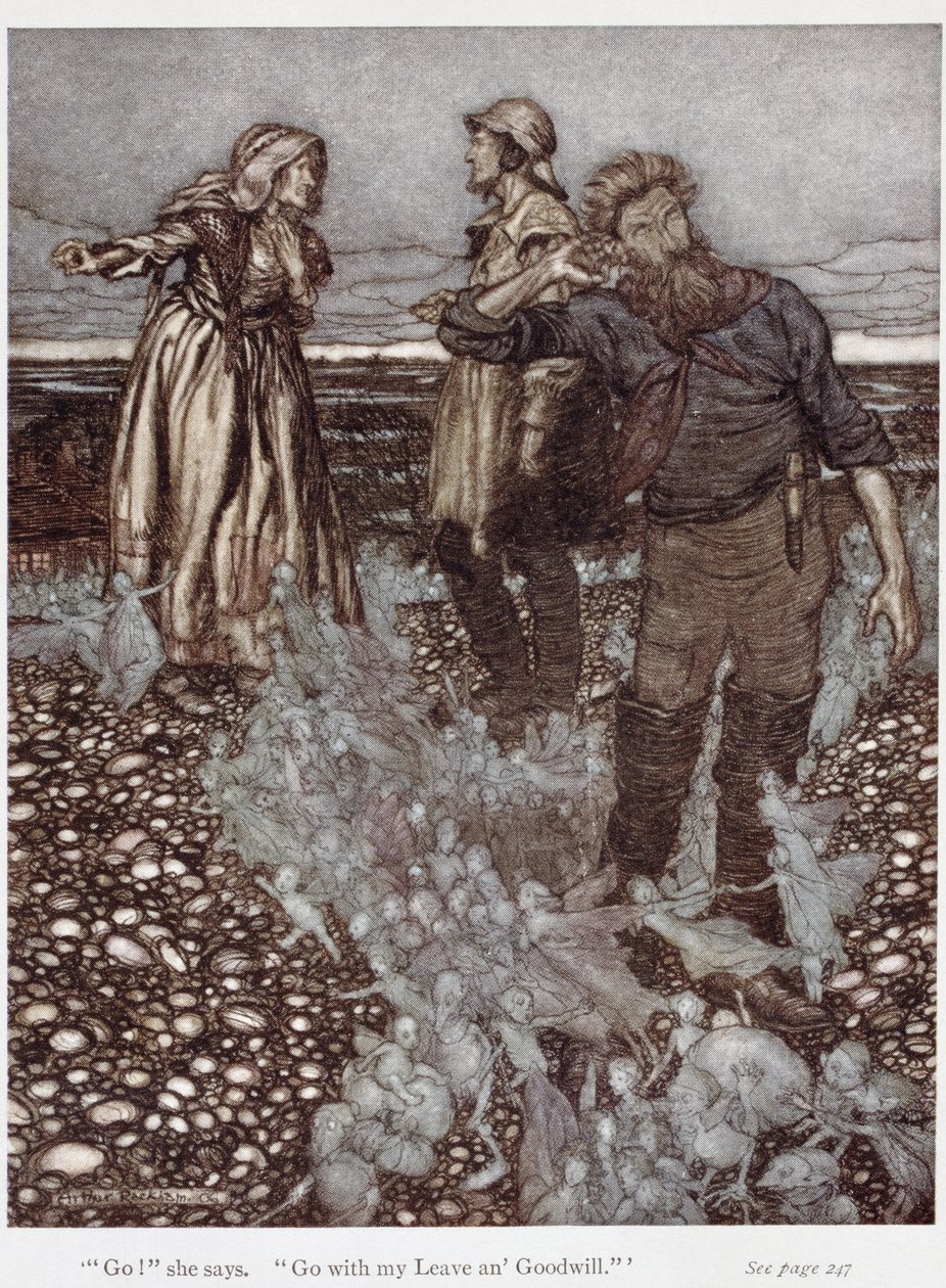 Wdowa Whitgift i jej synowie, z „Puck of Pook Hill” Rudyarda Kiplinga (1865-1936) 1906 (pióro i atrament oraz akwarela na papierze) autorstwa Arthur Rackham