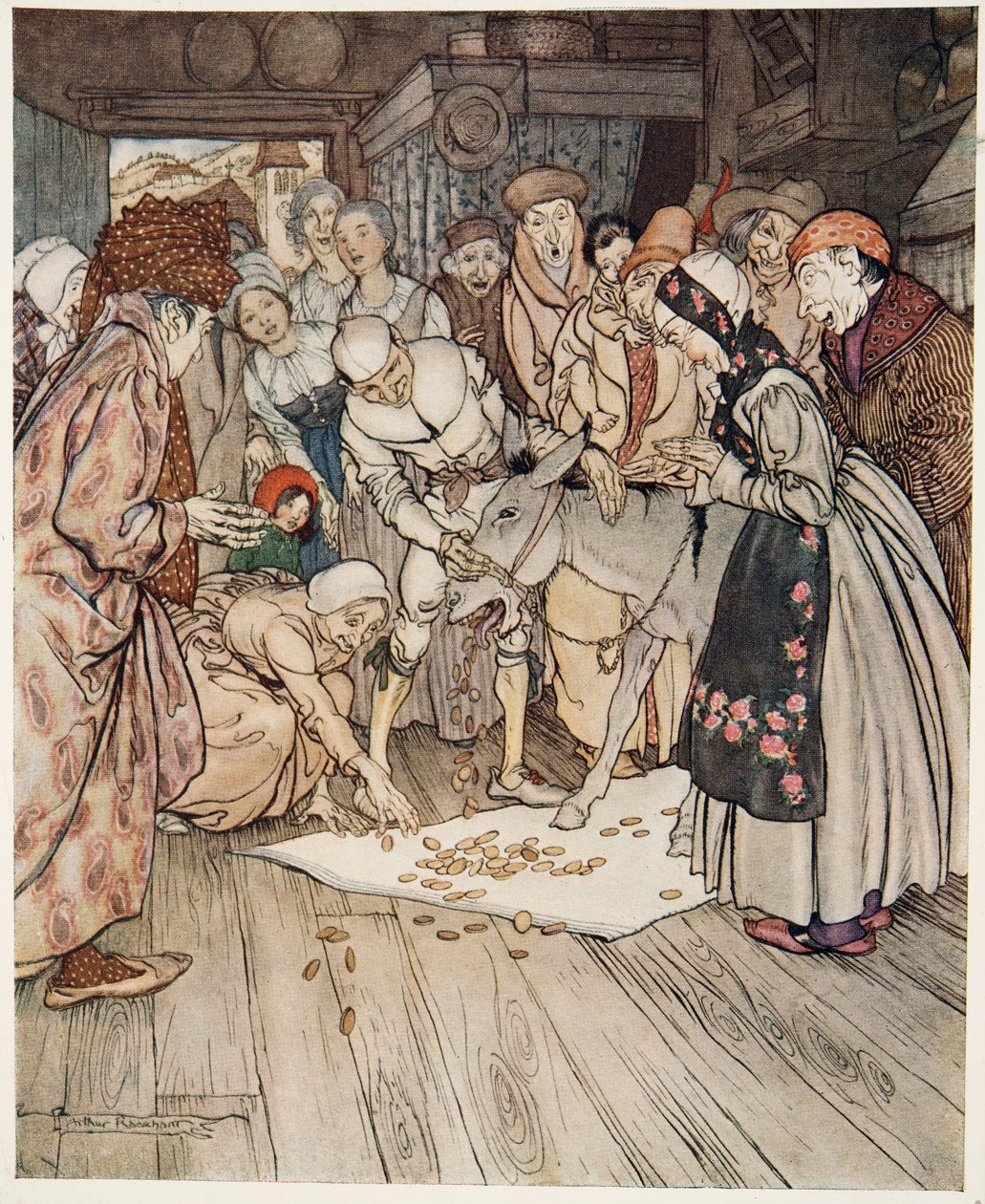 Stół życzeń, Boski tyłek i pałka w plecaku, z filmu Little Brother & Little Sister i inne opowieści braci Grimm, wyd. 1917 autorstwa Arthur Rackham