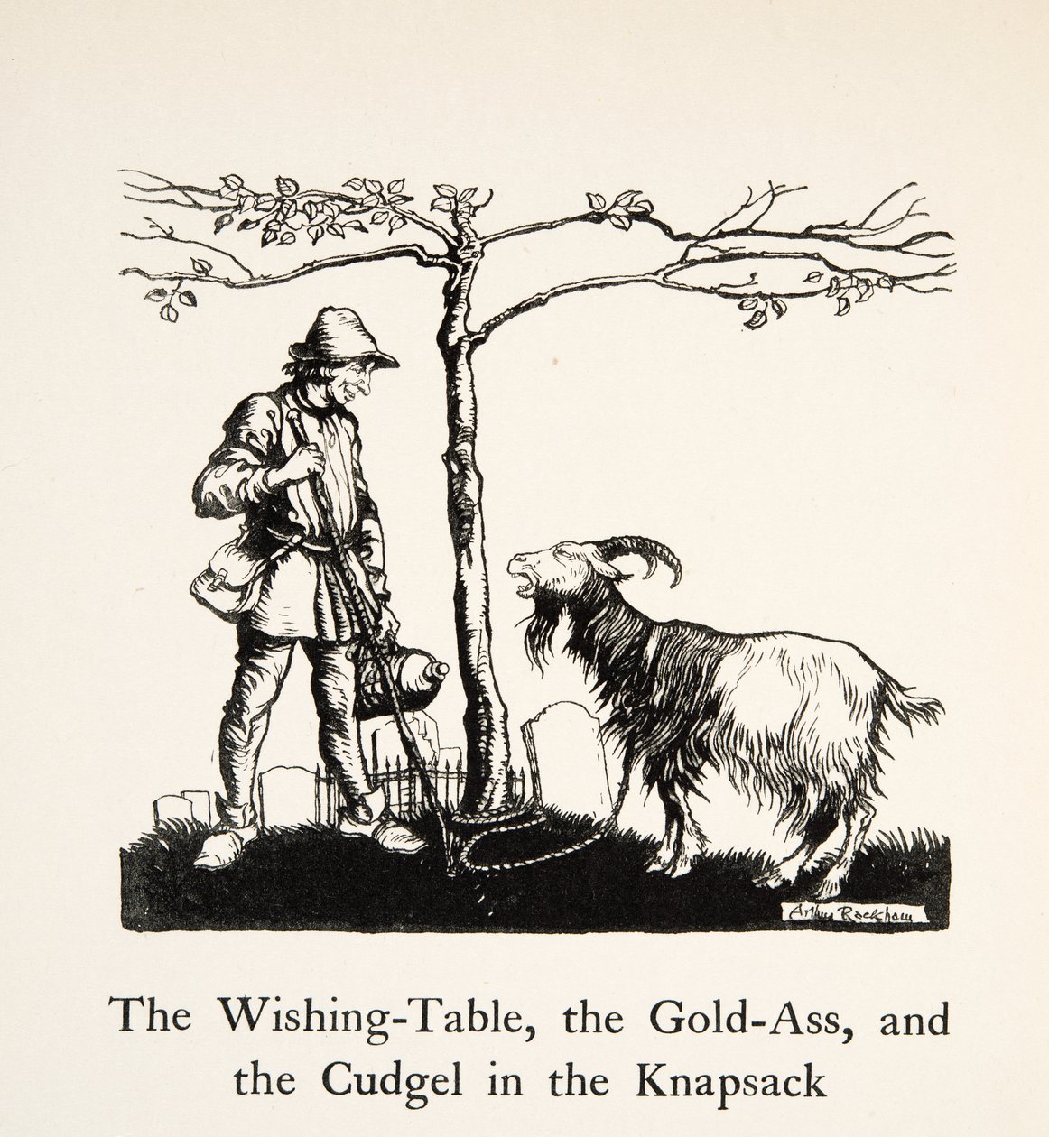 Stół życzeń, złoty osioł i pałka w plecaku, z filmu Little Brother & Little Sister i inne opowieści braci Grimm, wyd. 1917 (lito) autorstwa Arthur Rackham
