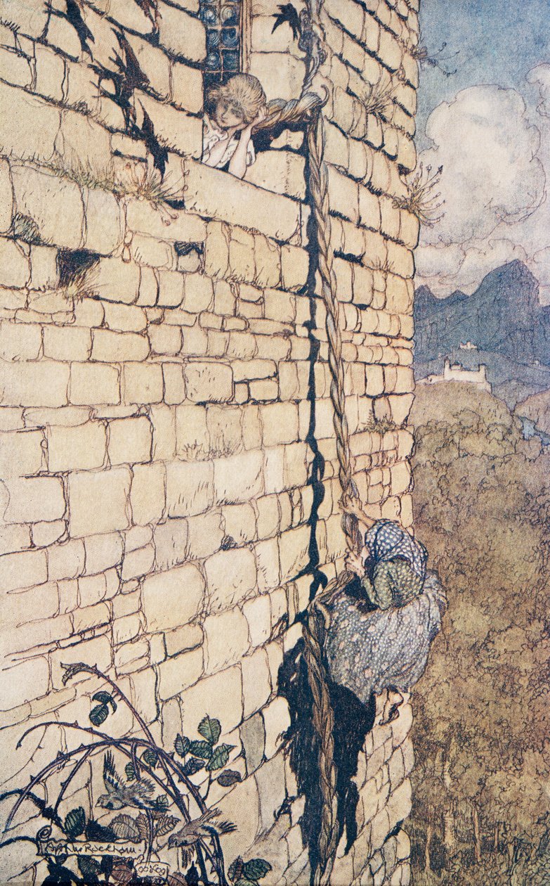 Czarownica wspięła się…, z Bajek braci Grimm, wyd. 1909 autorstwa Arthur Rackham