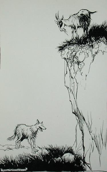 Wilk i koza, ilustracja z „Bajek Ezopa”, wydanej przez Heinemann autorstwa Arthur Rackham