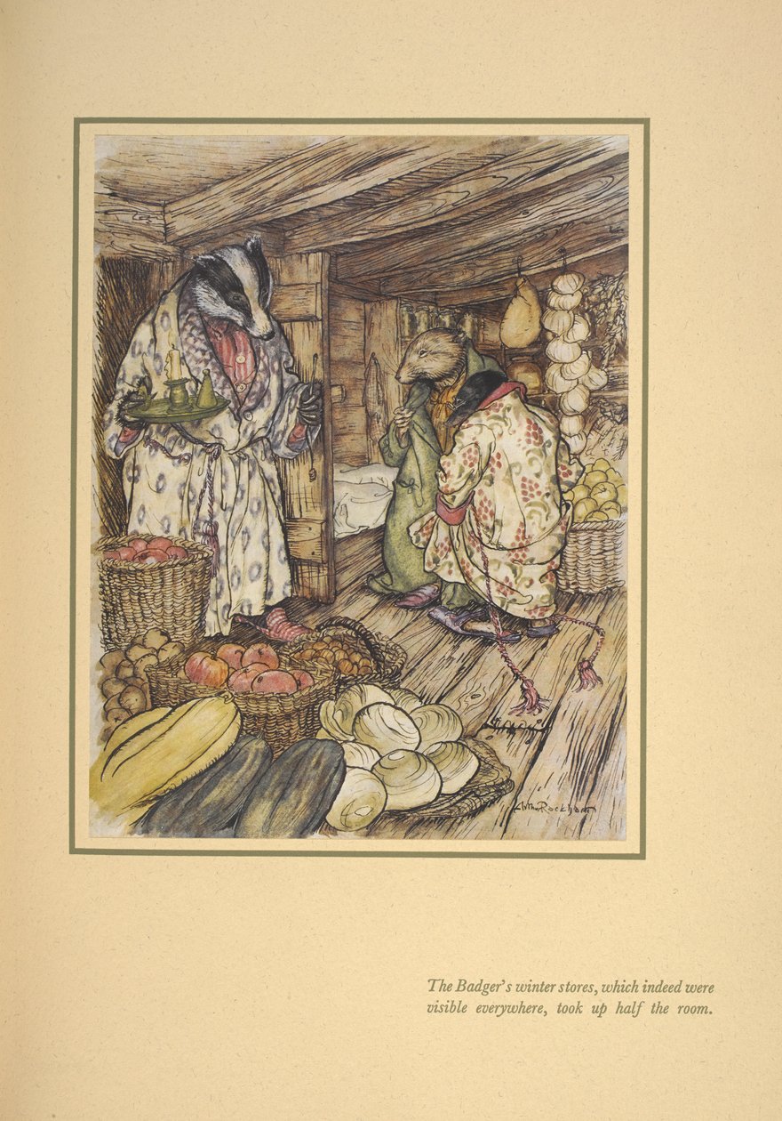 Zimowe zapasy borsuka, które rzeczywiście były wszędzie widoczne, zajmowały połowę pokoju”. autorstwa Arthur Rackham