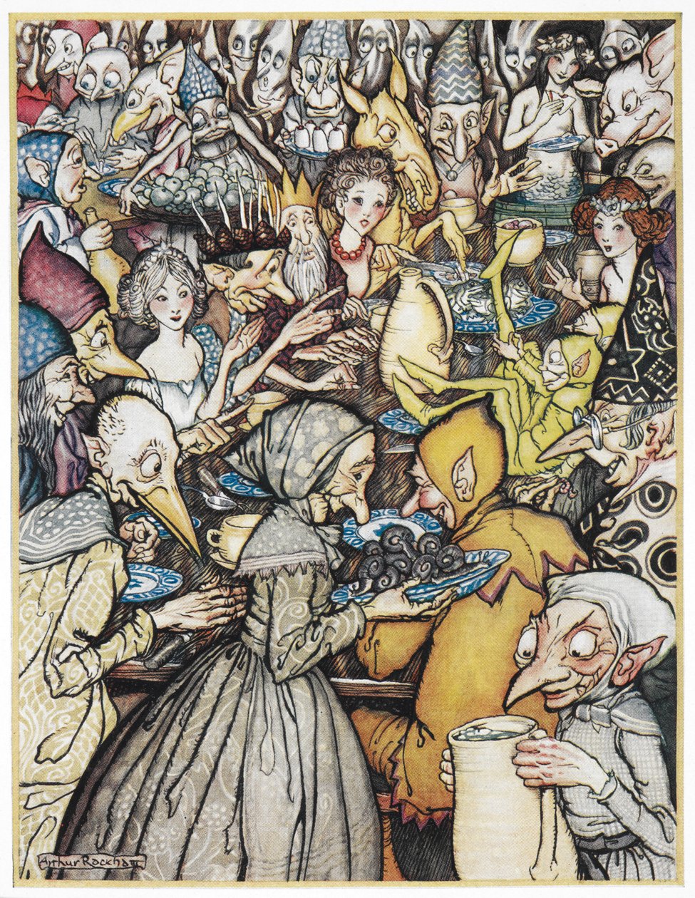"O banquete onde a companhia realmente grande estava reunida". O rei Elfin, usando uma coroa dourada, suas filhas, goblins e trolls se reuniram para uma refeição. Ilustração para 