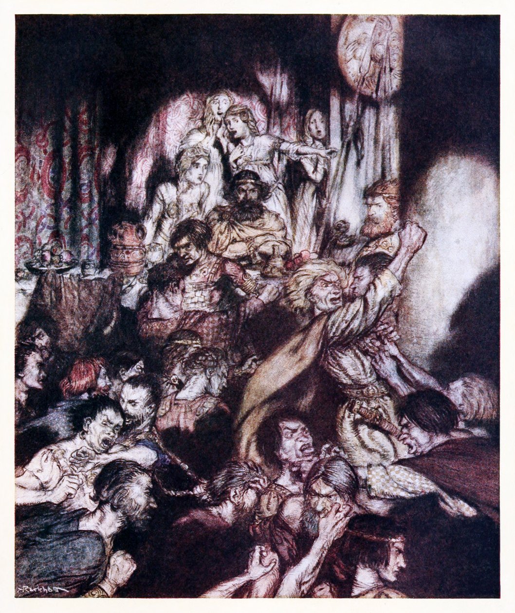W sali bankietowej panował chaos. z The Little Brawl w irlandzkich bajkach autorstwa Arthur Rackham