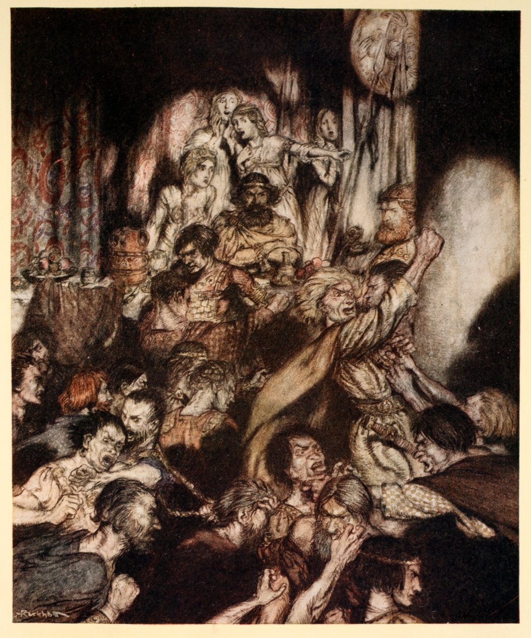 W sali bankietowej panował chaos, ilustracja z „Irish Fairy Tales” Jamesa Stephensa autorstwa Arthur Rackham
