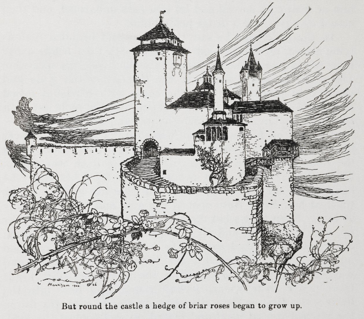 Zamek otoczony cierniami z Dzikiej Róży (Śpiąca Królewna) autorstwa Arthur Rackham