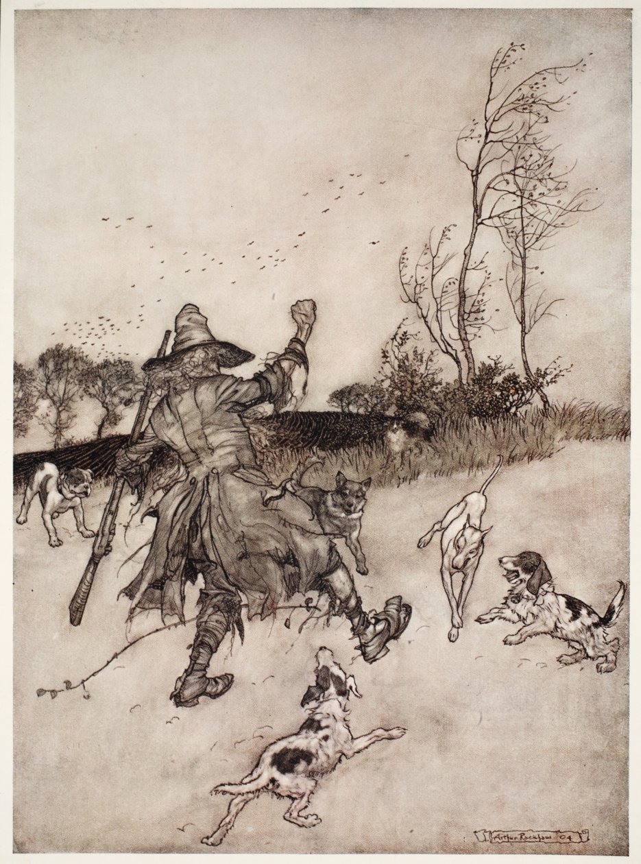 Psy też, z których żaden nie rozpoznawał starego znajomego, szczekały na niego, gdy przechodził, z pubu Rip Van Winkle przy Washington Irving. 1910 autorstwa Arthur Rackham