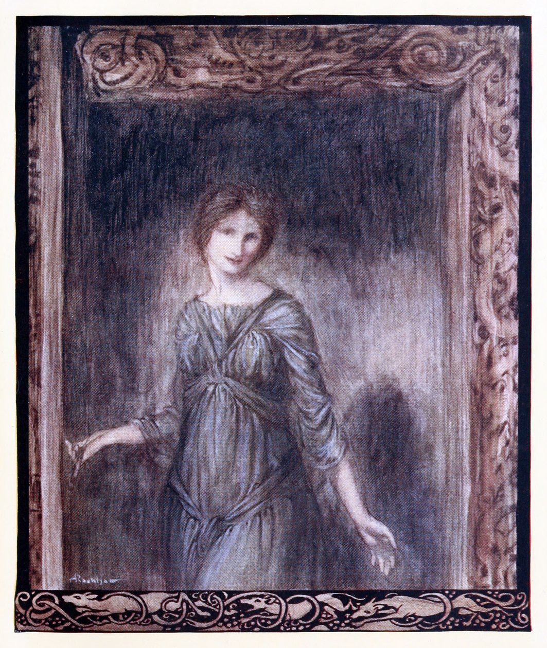 Drzwi komnaty Fionna otworzyły się delikatnie i do pokoju weszła młoda kobieta. z „Matki Oisina” w „Irlandzkich bajkach” autorstwa Arthur Rackham
