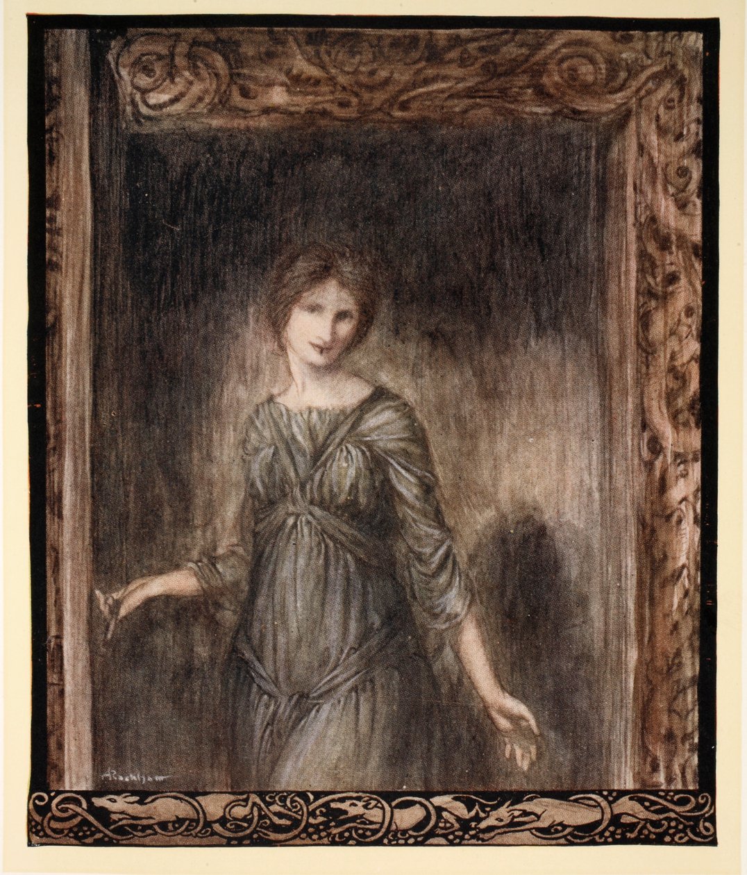 Drzwi komnaty Fionna otworzyły się delikatnie i do pokoju weszła młoda kobieta, ilustracja z „Irish Fairy Tales” Jamesa Stephensa, 1920 autorstwa Arthur Rackham